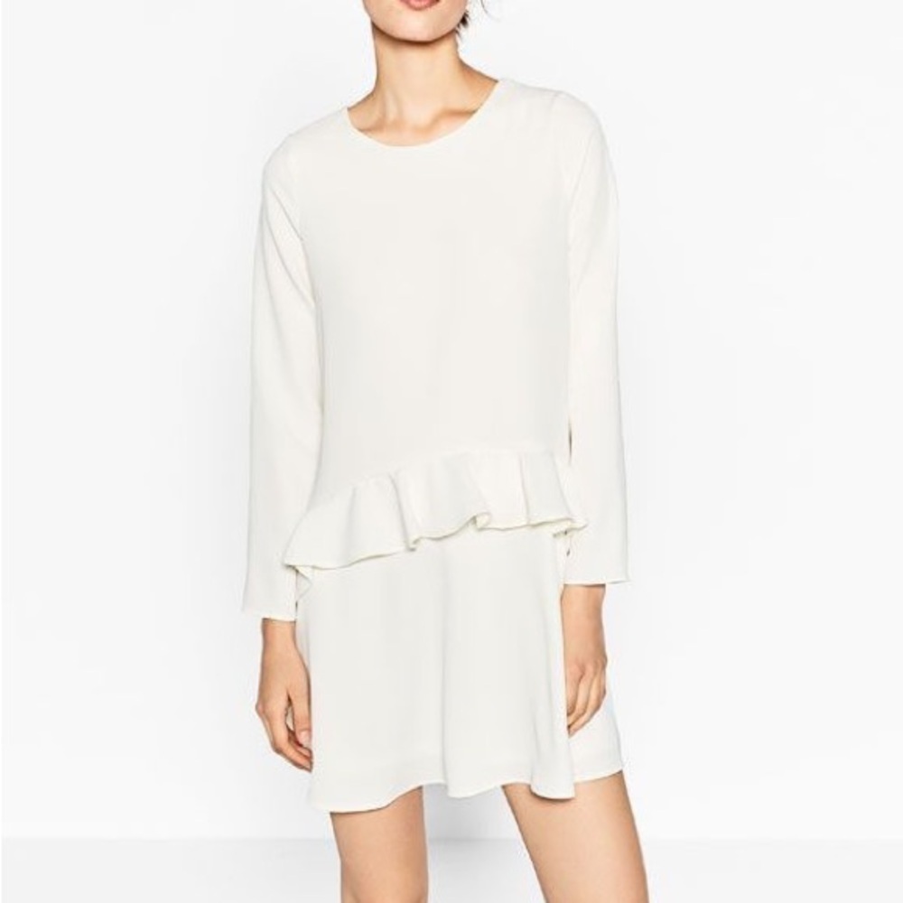NWT Zara Long Sleeve Ruffle Mini Dress in Off White Size S Trafaluc Collection
